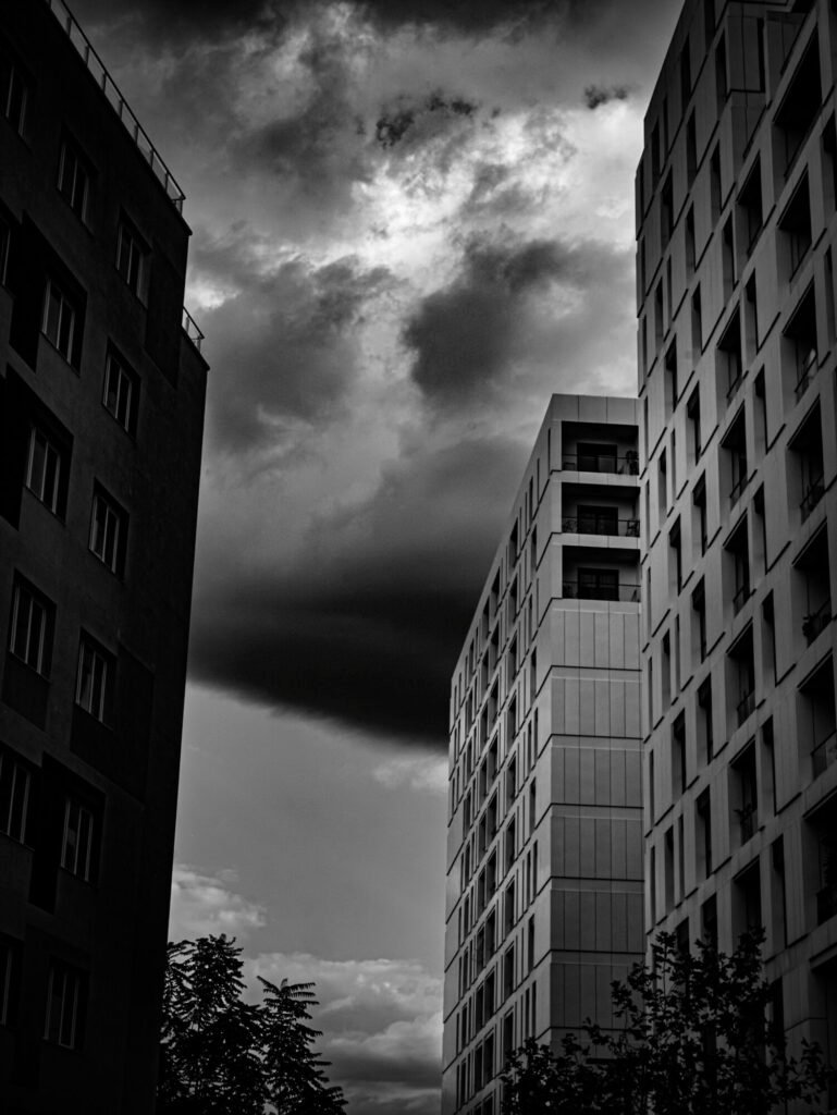 Black and white Architecture in Tirana with a massive sky