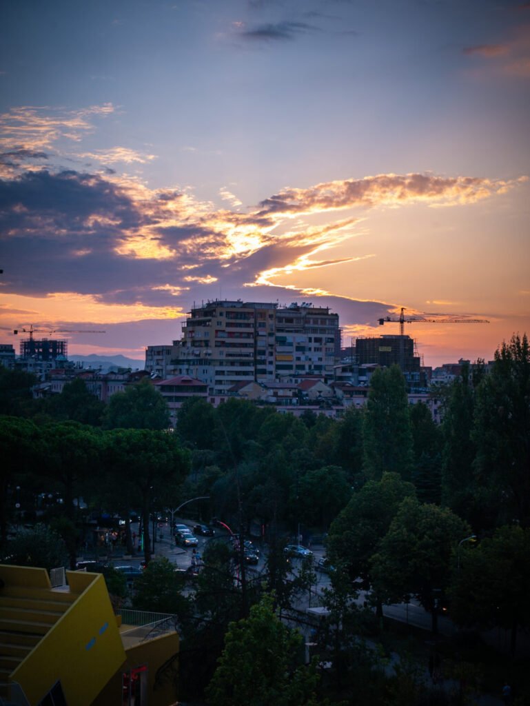 Colorful Sunset over Tirana with great sky and construction