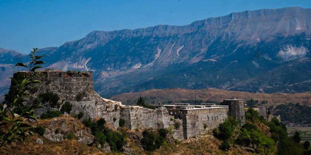 Amazing view on the castle Gjirokastra and the mountain range in the background